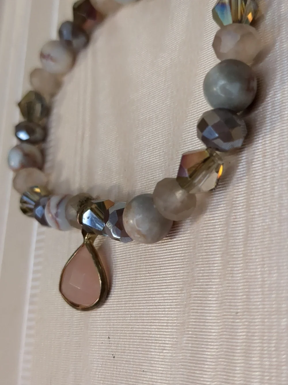 Boho Natural Stone Bracelet W/ Dangle Charm Peach Silver Grey Neutrals Stretchy